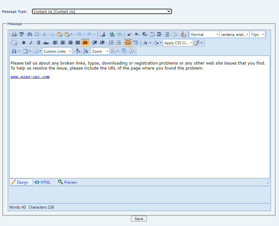 Contact form requesting information about website issues and broken links.